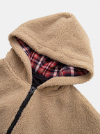 Kontrast Ruitjes Teddy Kapuzenpullover mit Reißverschluss