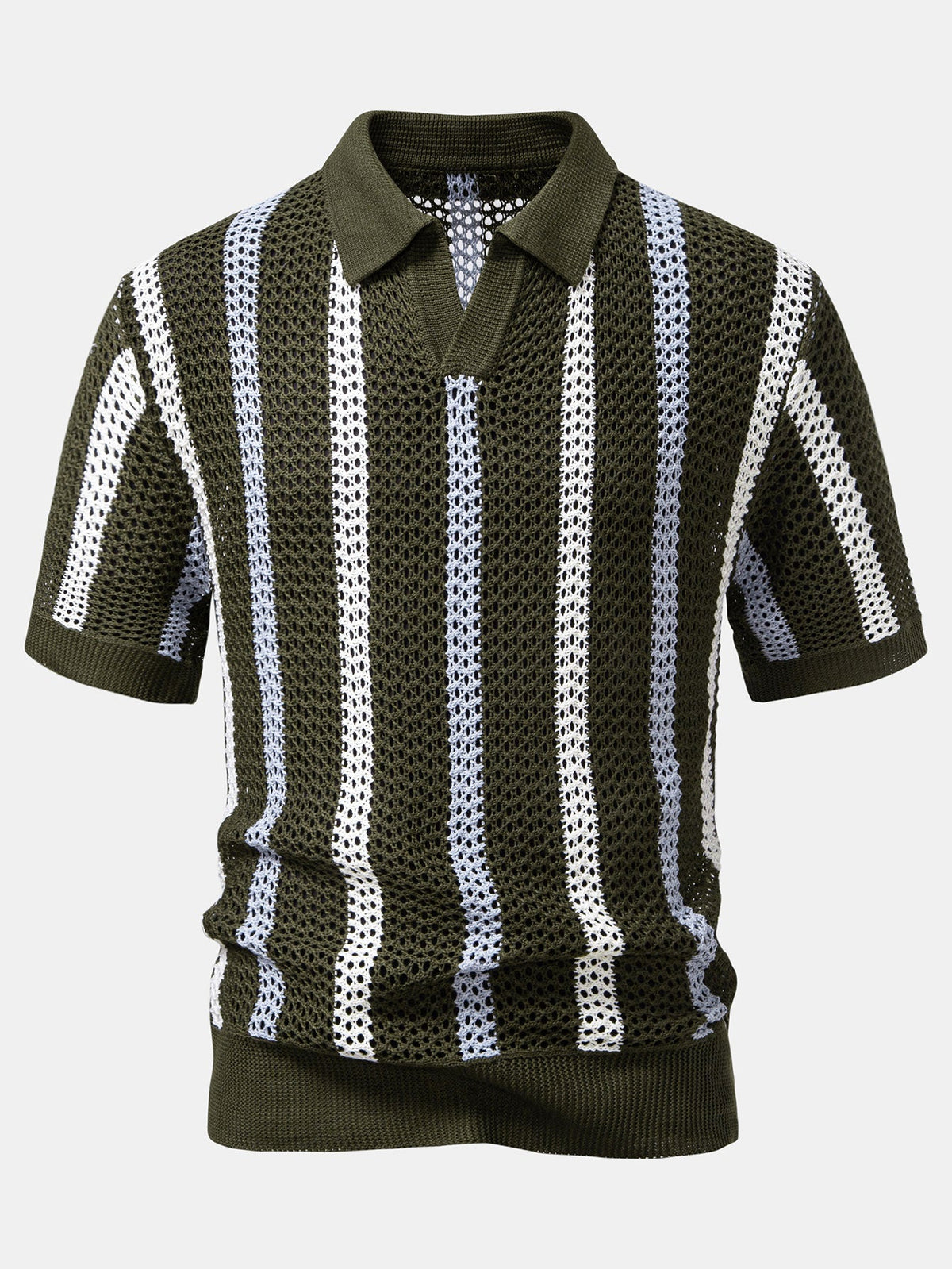 Gestreiftes Polo mit V-Ausschnitt und Gekreppten Shorts mit Kordelzug – 5 Zoll