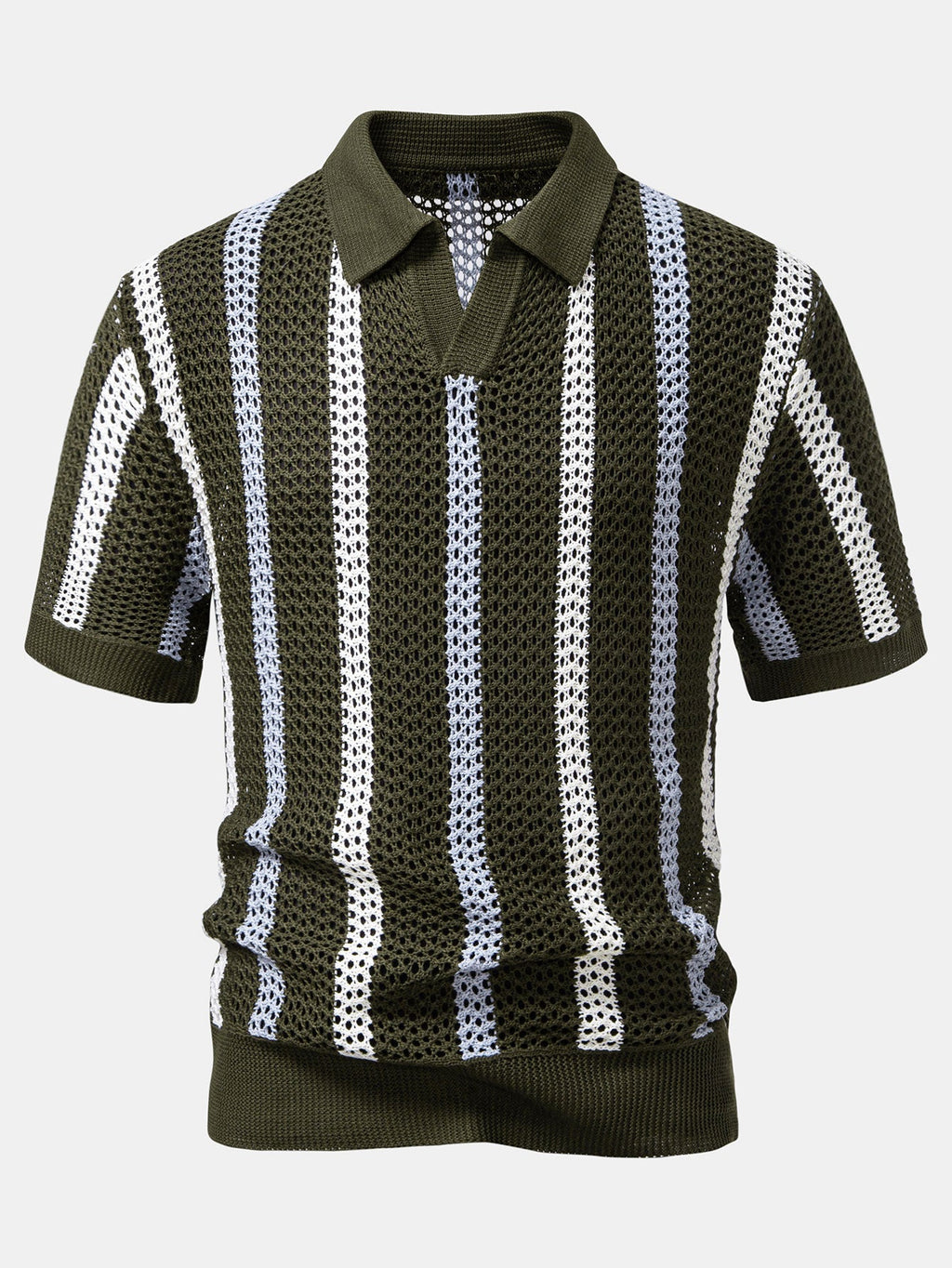 Gestreiftes V-Ausschnitt Polo mit Gehäkeltem Design & Gerade geschnittene Leinenhose