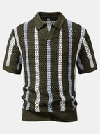 Gestreiftes V-Ausschnitt Polo mit Gehäkeltem Design & Gerade geschnittene Leinenhose