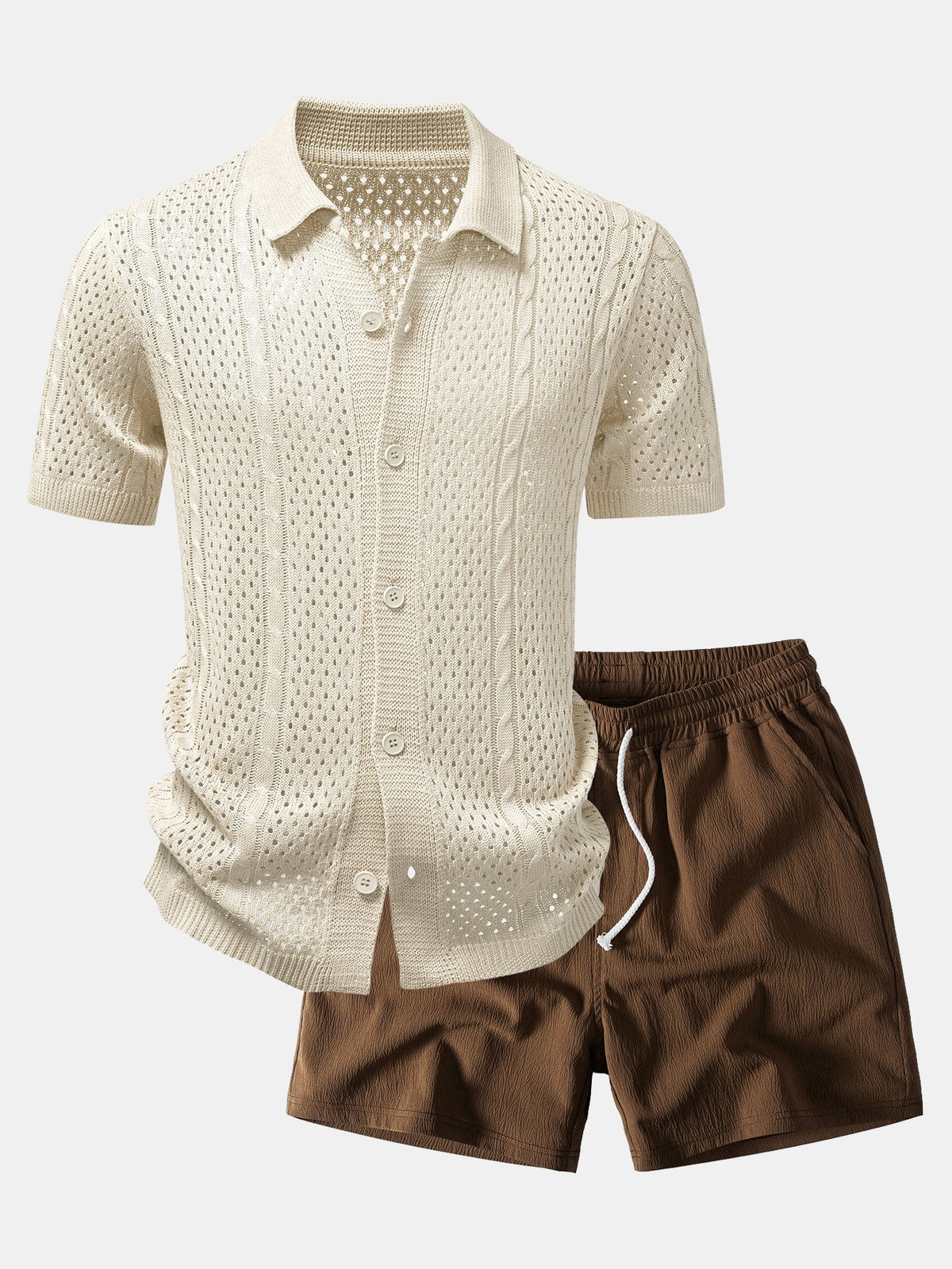 Offenes Strickshirt & Kurze Hose mit Kräuselstruktur und 5-Zoll-Kordelzug
