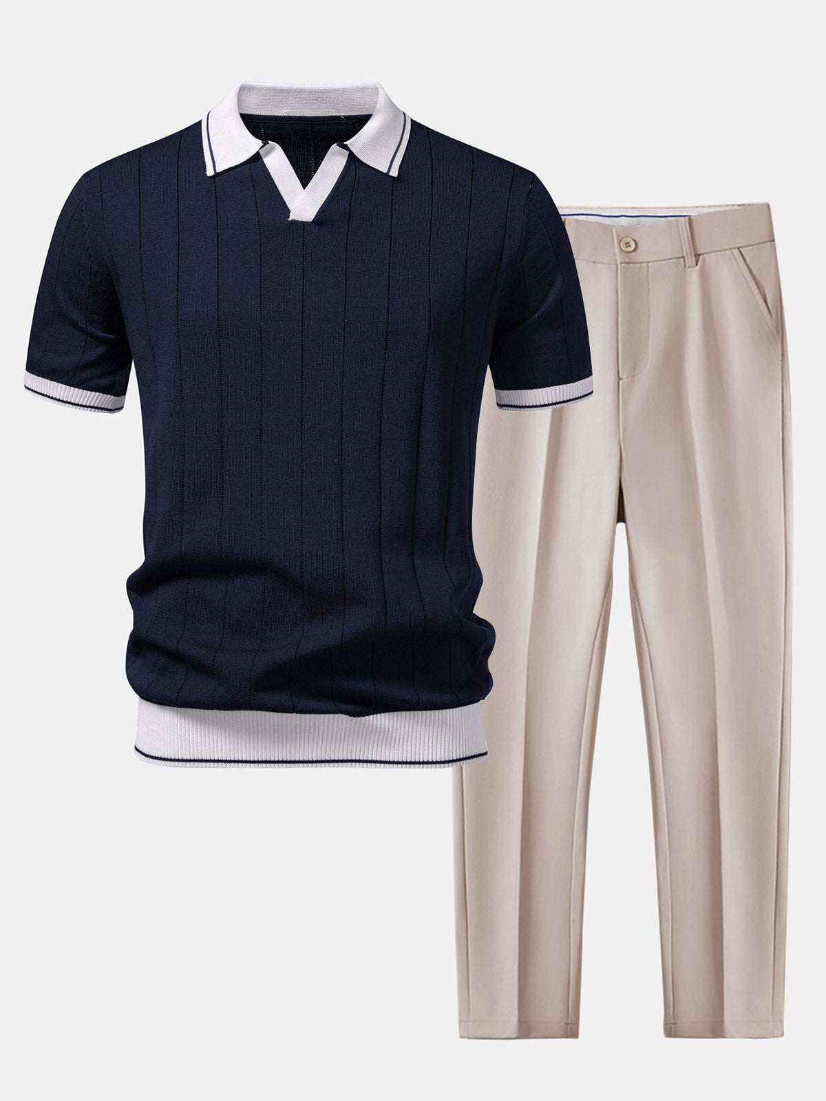 Rippstrick-Polo mit Johnny-Kragen und kontrastierenden Akzenten & figurbetonter tapered Hose