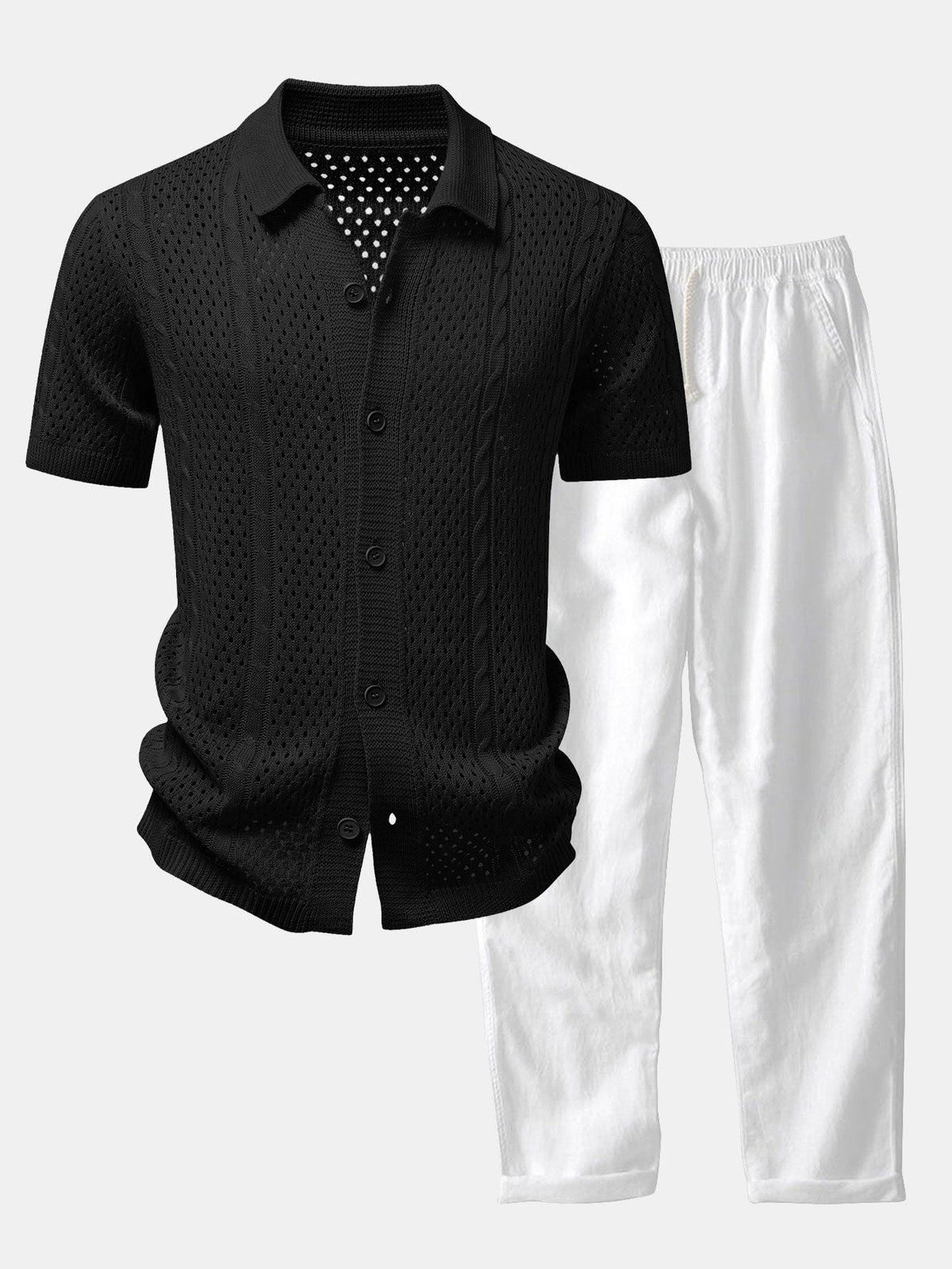 Offenes Strickhemd mit gerader Leinenhose