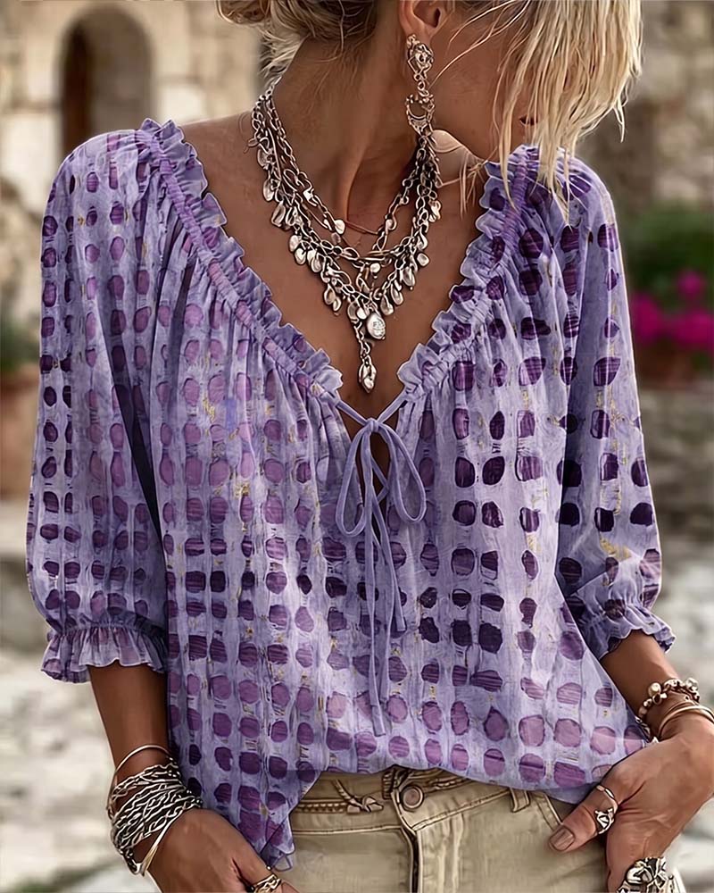 Lena | Blouse with Polka Dot Pattern and Lace-Up Detail