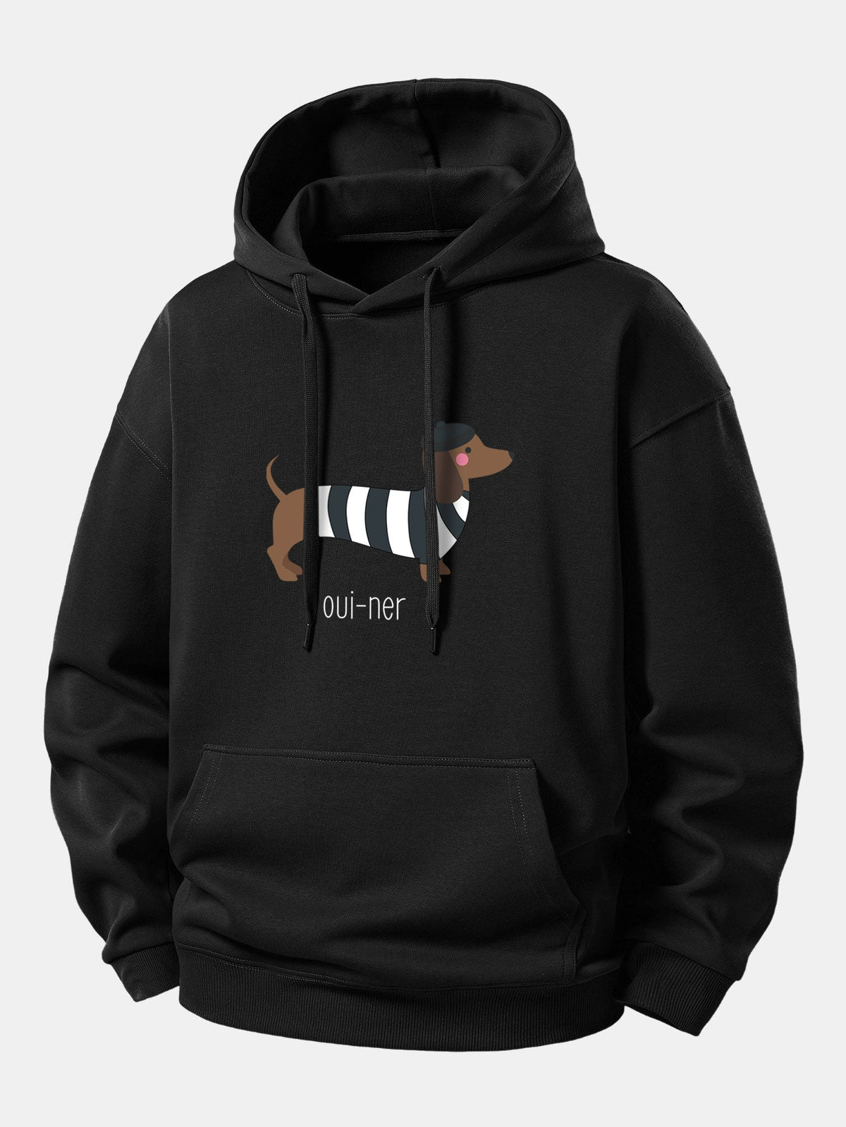 Loszittender Hoodie mit französischem Teckel-Print