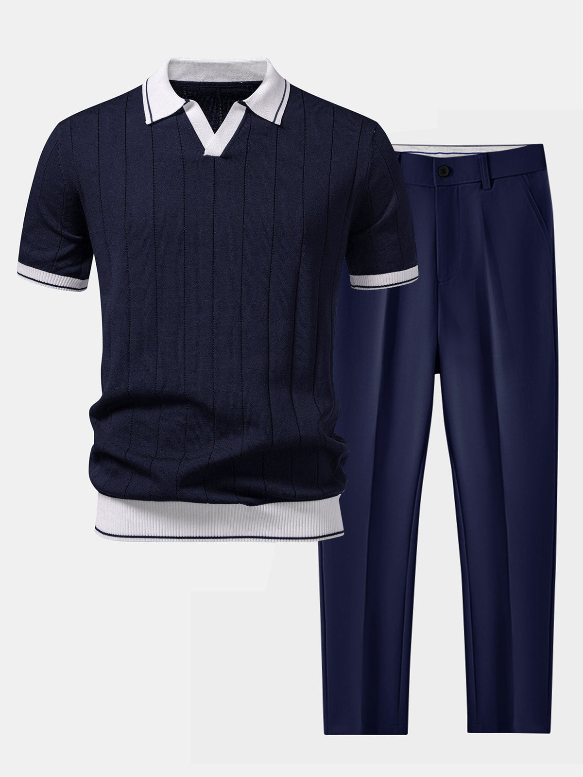 Rippstrick-Polo mit Johnny-Kragen und kontrastierenden Akzenten & figurbetonter tapered Hose