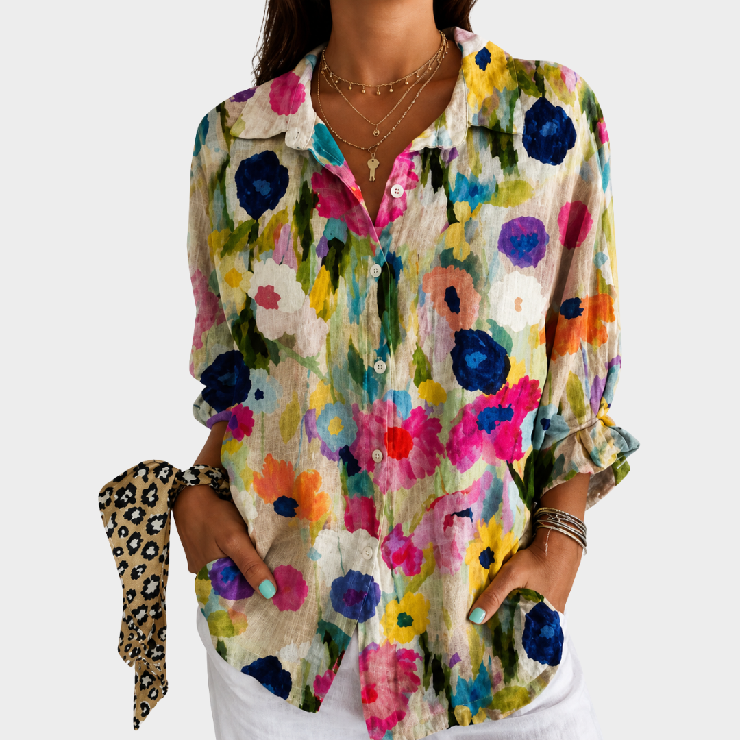 Bluse mit Aquarell-Wiesenblumen-Muster