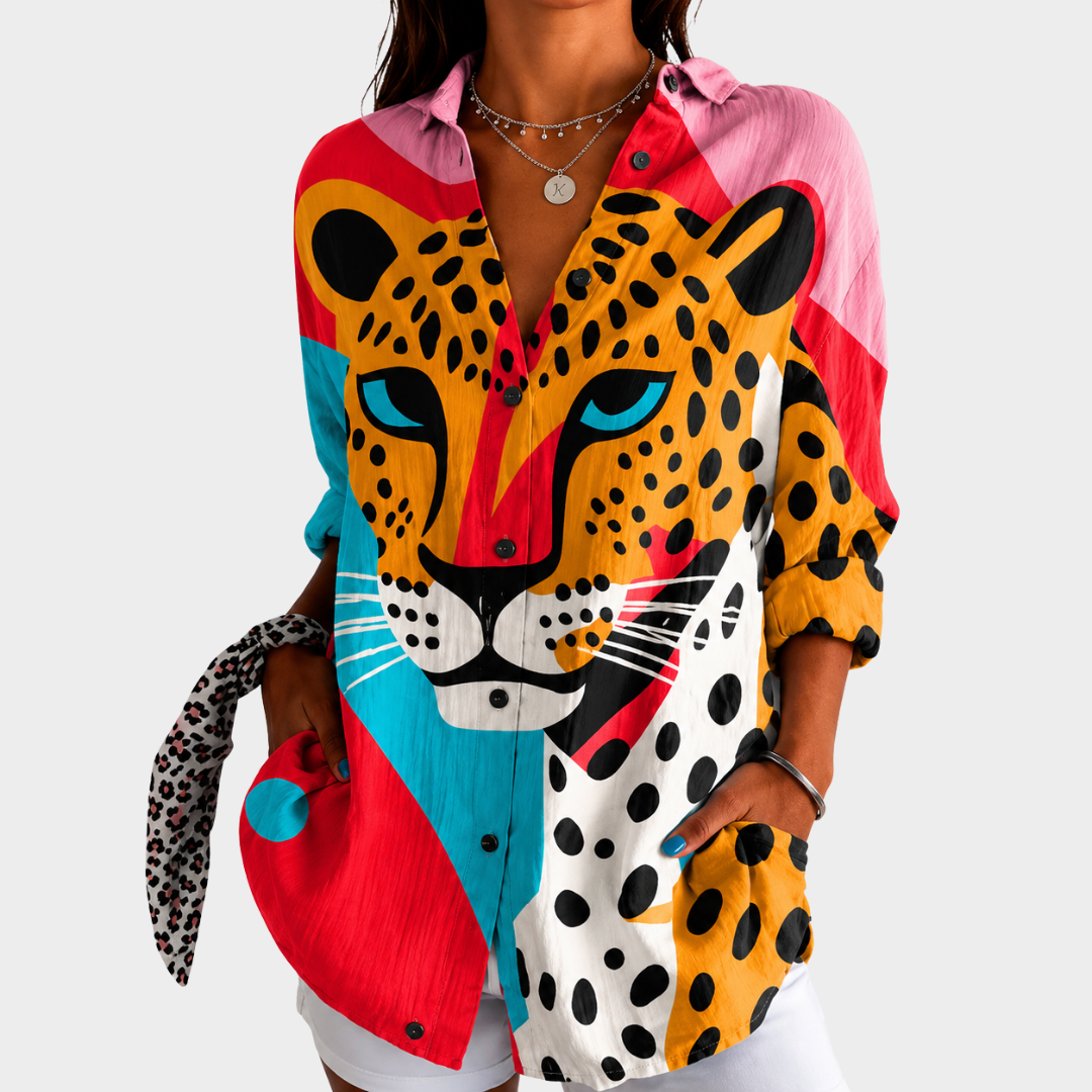 Mutige Leopardenmuster Bluse mit Gesicht