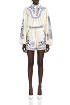 Victoria Blau Porcelain Print Draped Blouse and Shorts Set