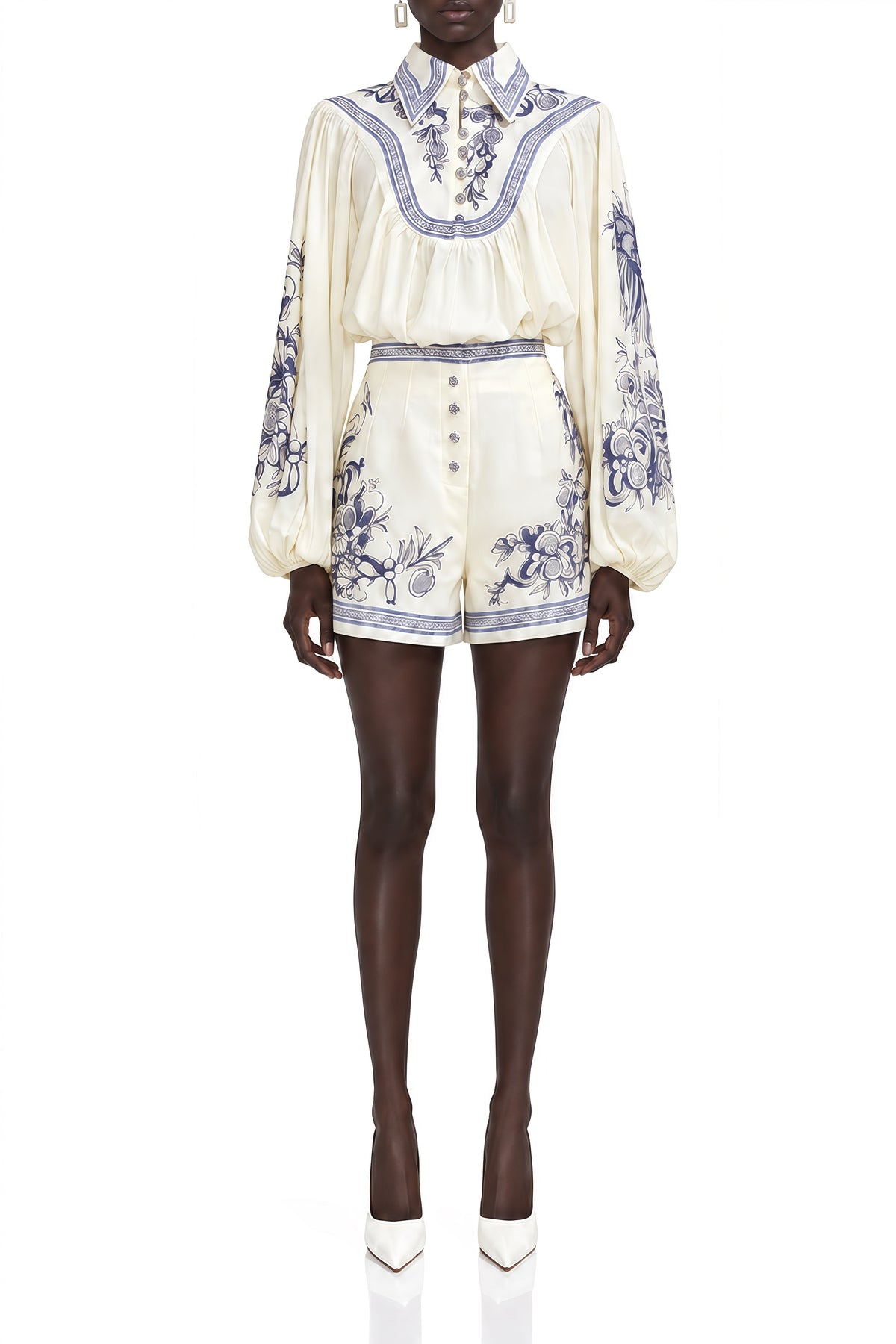 Victoria Blau Porcelain Print Draped Blouse and Shorts Set
