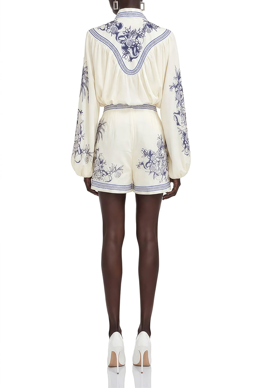 Victoria Blau Porcelain Print Draped Blouse and Shorts Set