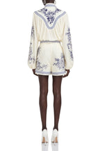 Victoria Blau Porcelain Print Draped Blouse and Shorts Set