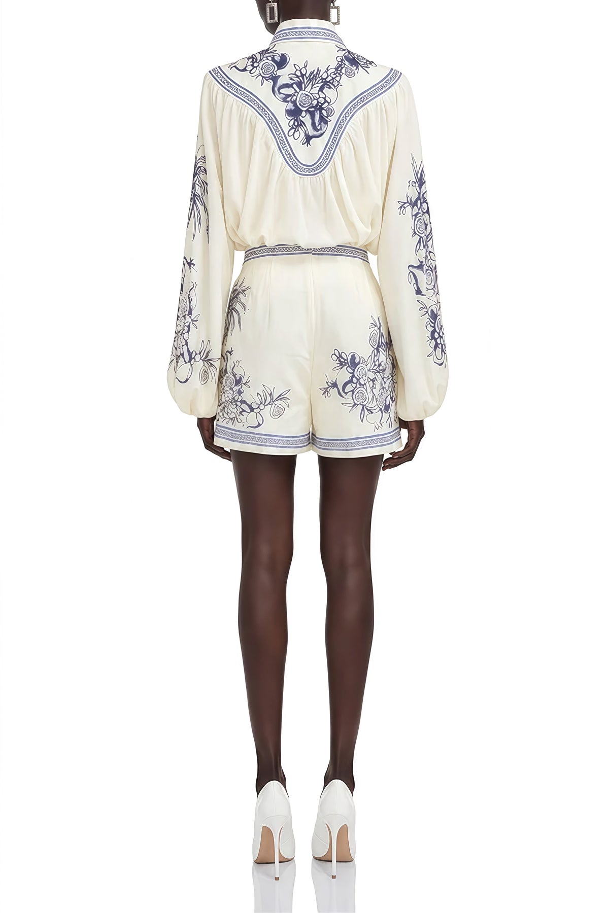 Victoria Blau Porcelain Print Draped Blouse and Shorts Set