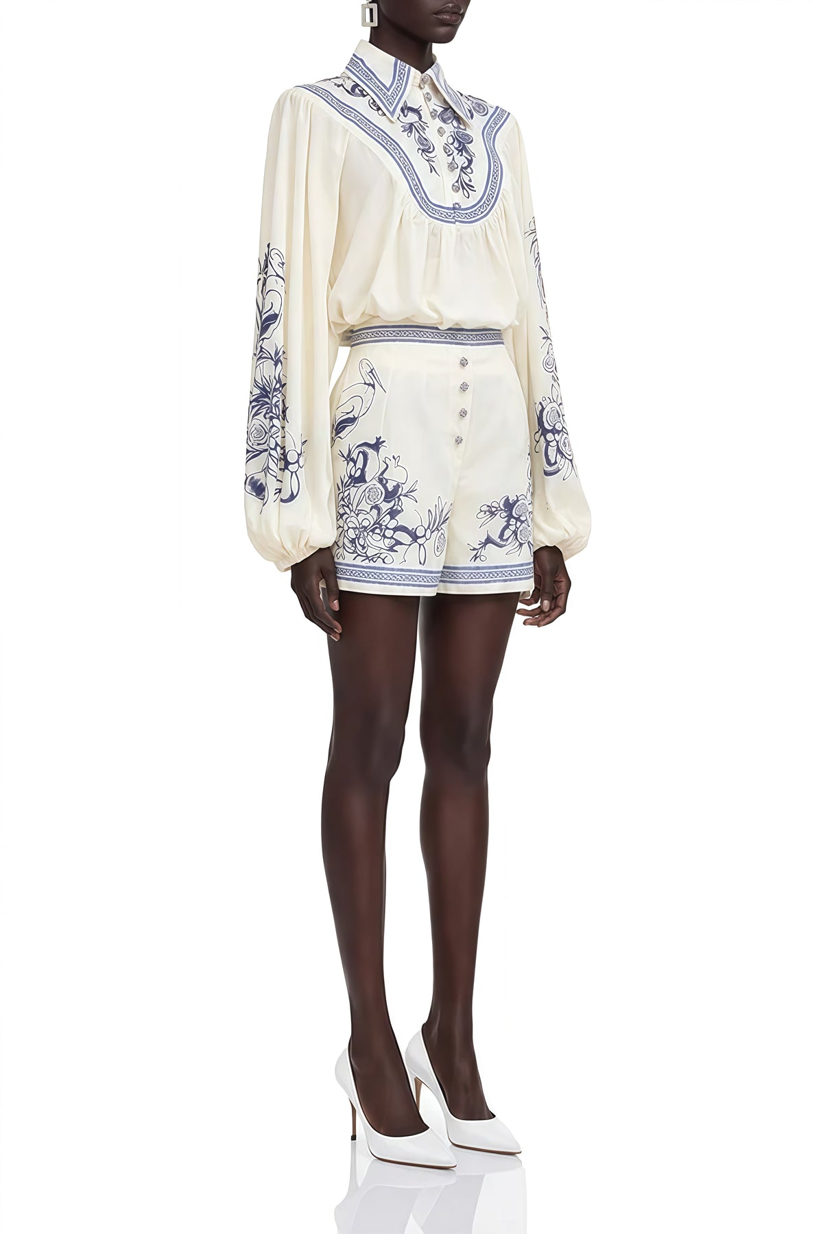 Victoria Blau Porcelain Print Draped Blouse and Shorts Set