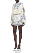Victoria Blau Porcelain Print Draped Blouse and Shorts Set