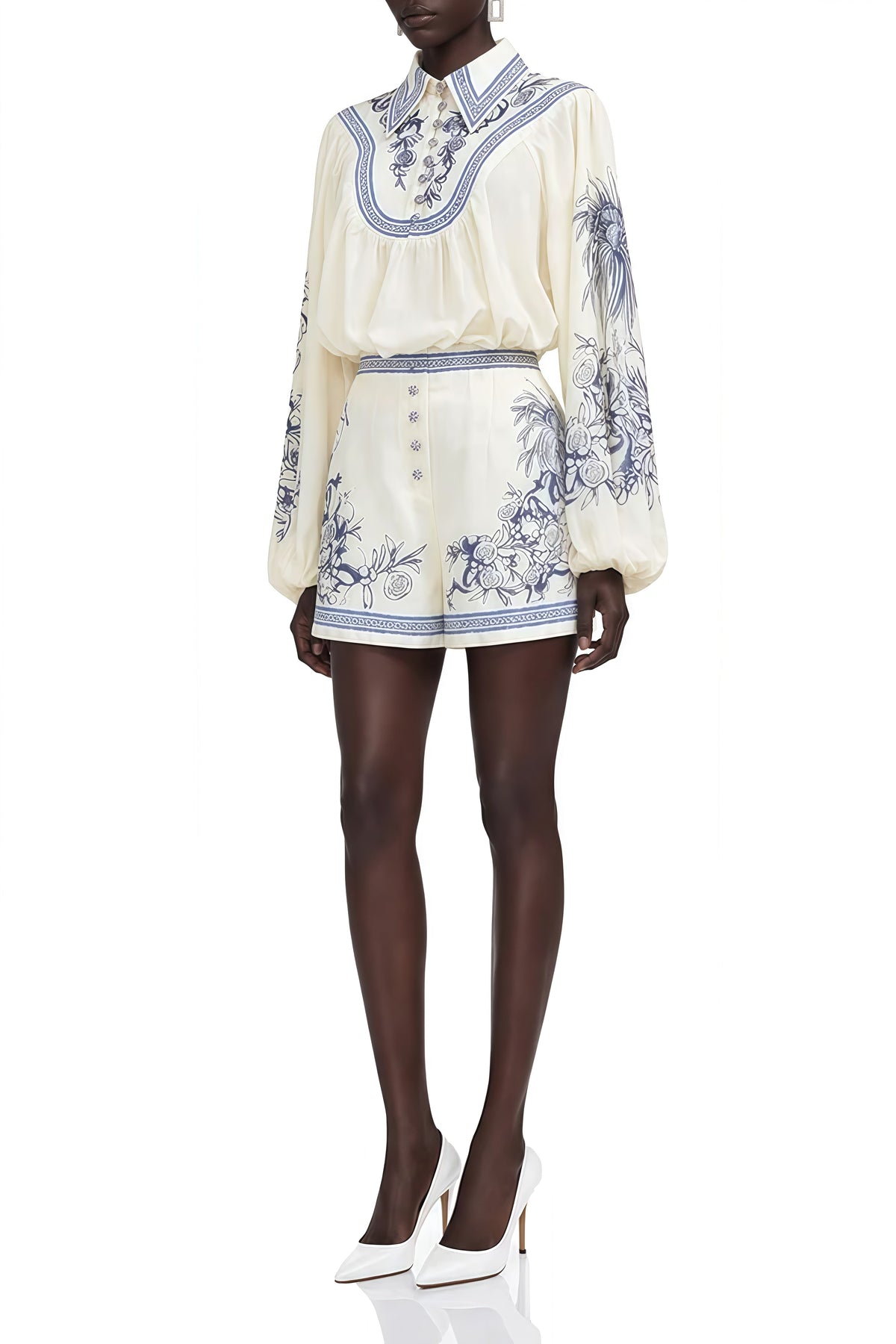 Victoria Blau Porcelain Print Draped Blouse and Shorts Set