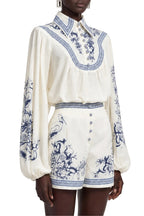 Victoria Blau Porcelain Print Draped Blouse and Shorts Set