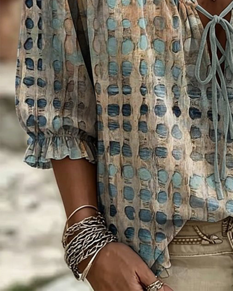 Lena | Blouse with Polka Dot Pattern and Lace-Up Detail