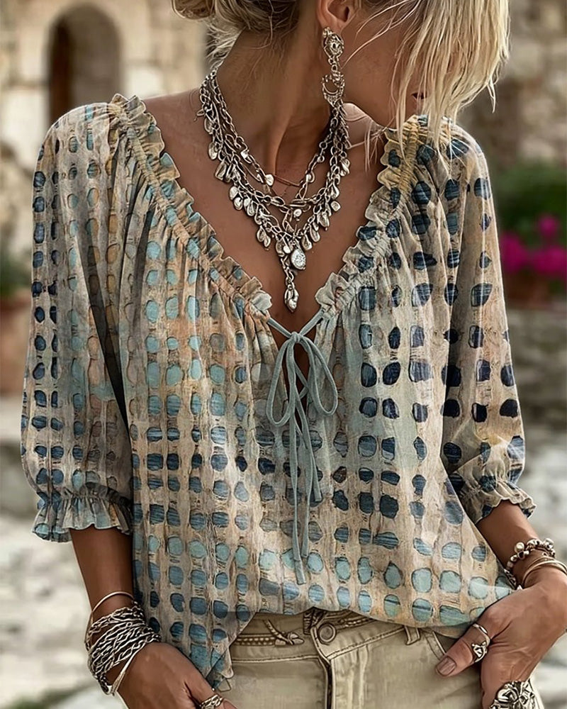 Lena | Blouse with Polka Dot Pattern and Lace-Up Detail