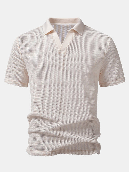 Bequem geschnittenes gehäkeltes V-Ausschnitt Polo mit gerader Leinenhose