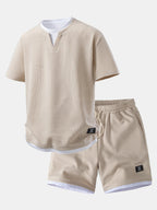 2-in-1 Waffle T-Shirt mit Kragen und 7-Zoll Shorts Set