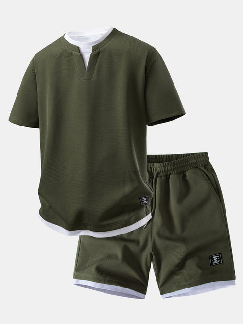 2-in-1 Waffle T-Shirt mit Kragen und 7-Zoll Shorts Set