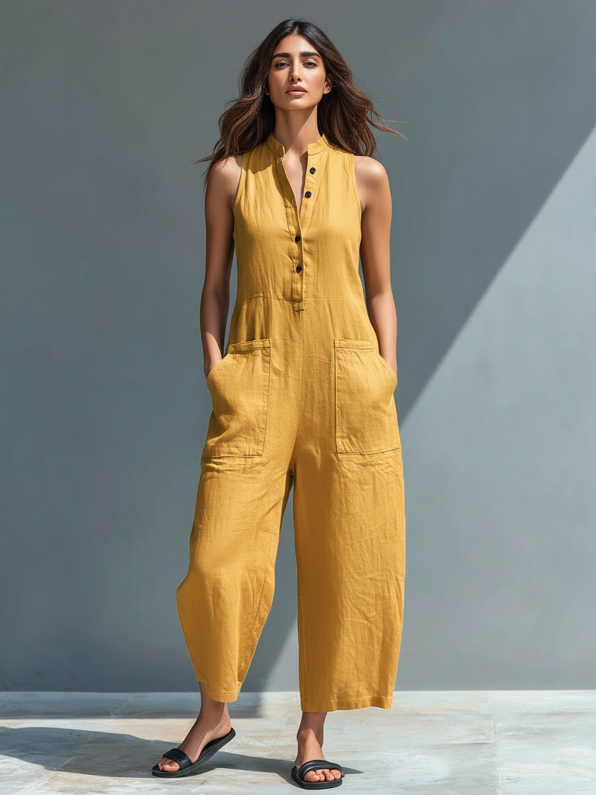Larson - Ärmellose minimalistische Damen-Latzhose aus Mischleinen mit hohem Kragen und Knöpfen
