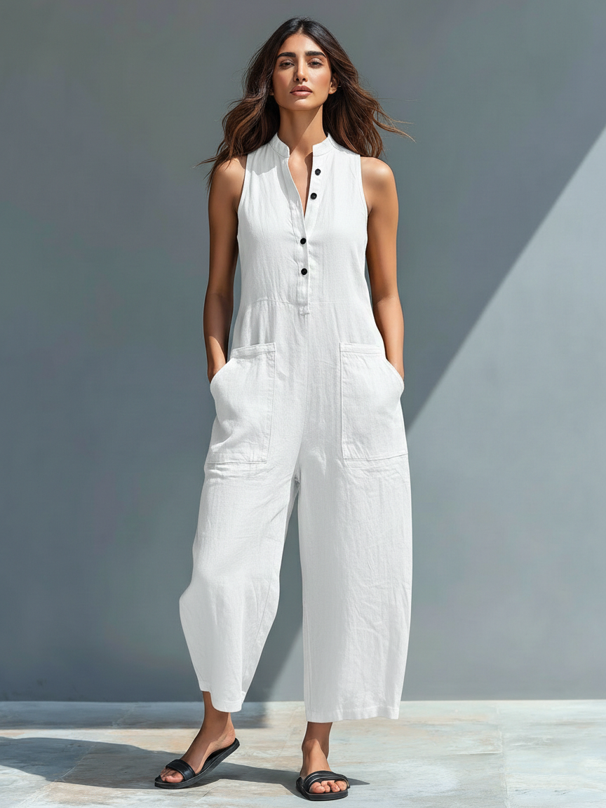Larson - Ärmellose minimalistische Damen-Latzhose aus Mischleinen mit hohem Kragen und Knöpfen