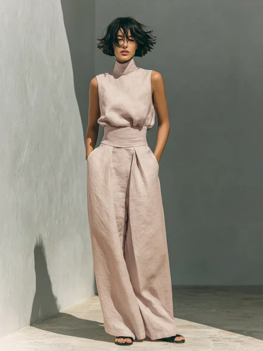 Julie™ | Beiges Leinen-Set mit ärmelloser Bluse und weitem Hosen - Zweiteilig