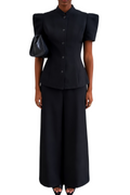 Hallie Schwarze Bluse mit schmalem Stehkragen und passendem Hosen-Set