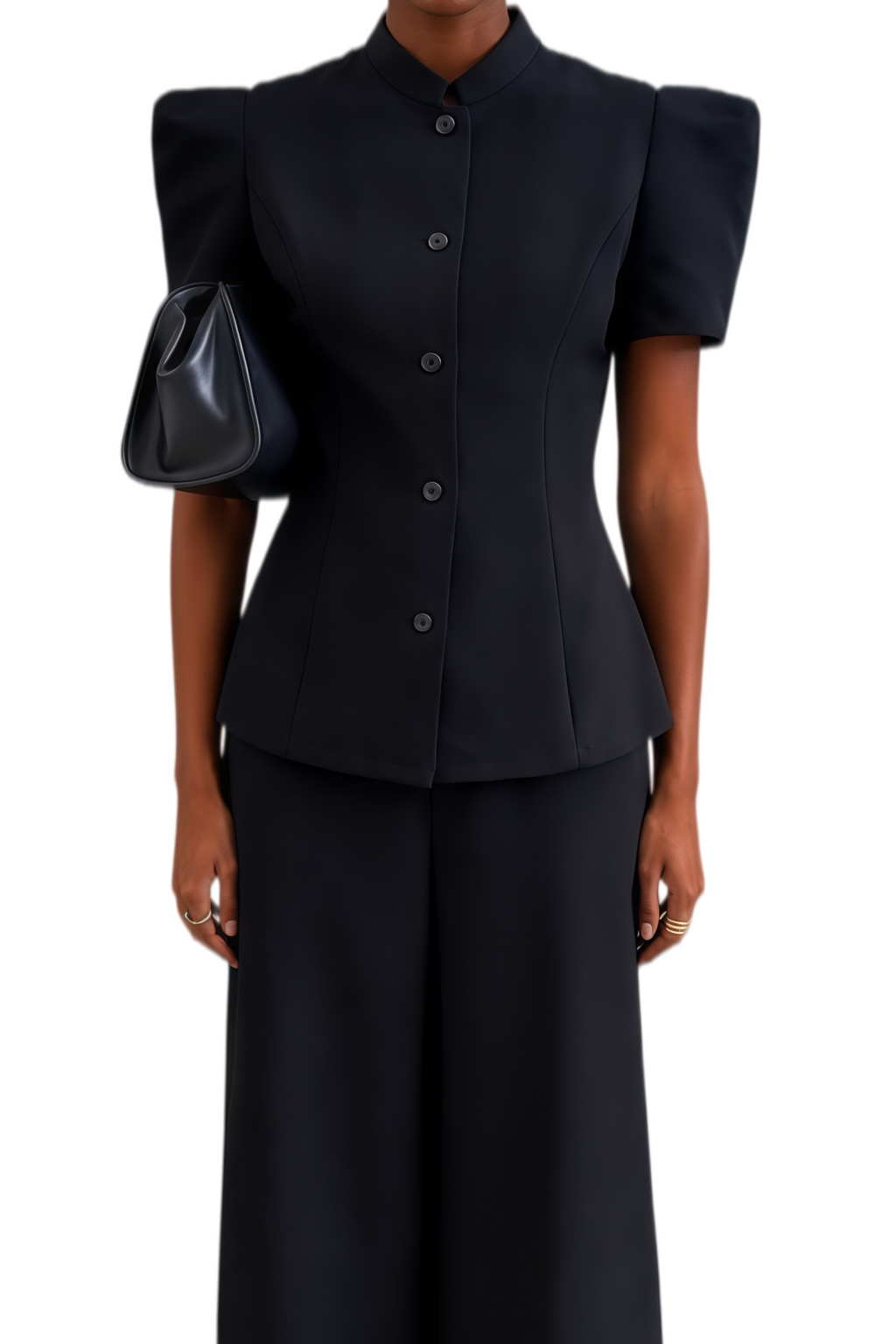 Hallie Schwarze Bluse mit schmalem Stehkragen und passendem Hosen-Set