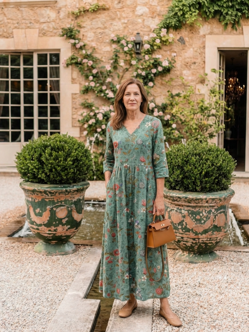 Marina | Floral V-Neck Maxi Dress with Three-Quarter Sleeves