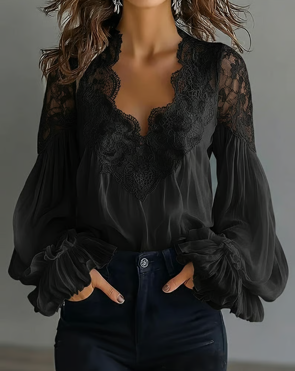 Marjo - Bluse mit floraler Spitze und Ballonärmeln