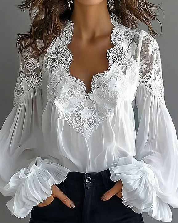 Marjo - Bluse mit floraler Spitze und Ballonärmeln