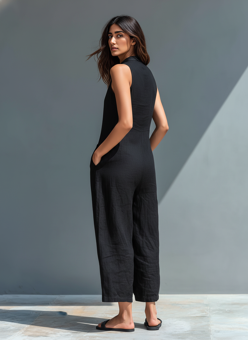 Larson - Ärmellose minimalistische Damen-Latzhose aus Mischleinen mit hohem Kragen und Knöpfen