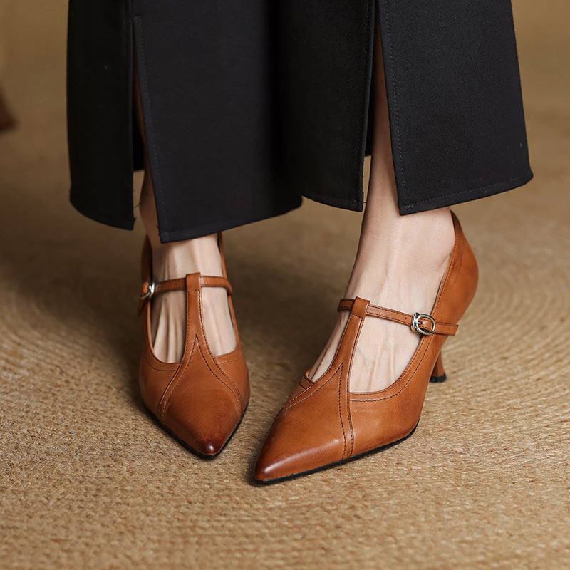 Aveline Leather T-Strap Heels