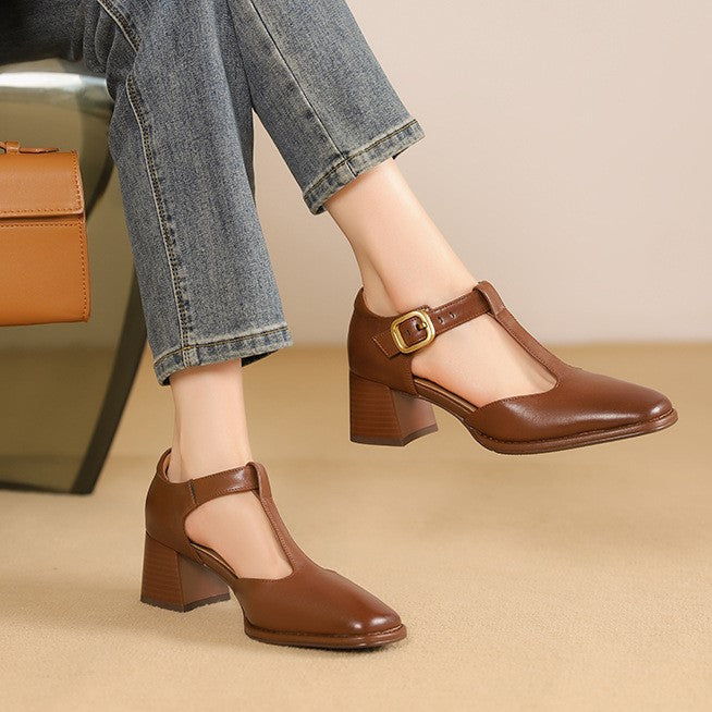 Marcele Leather T-Strap Heels