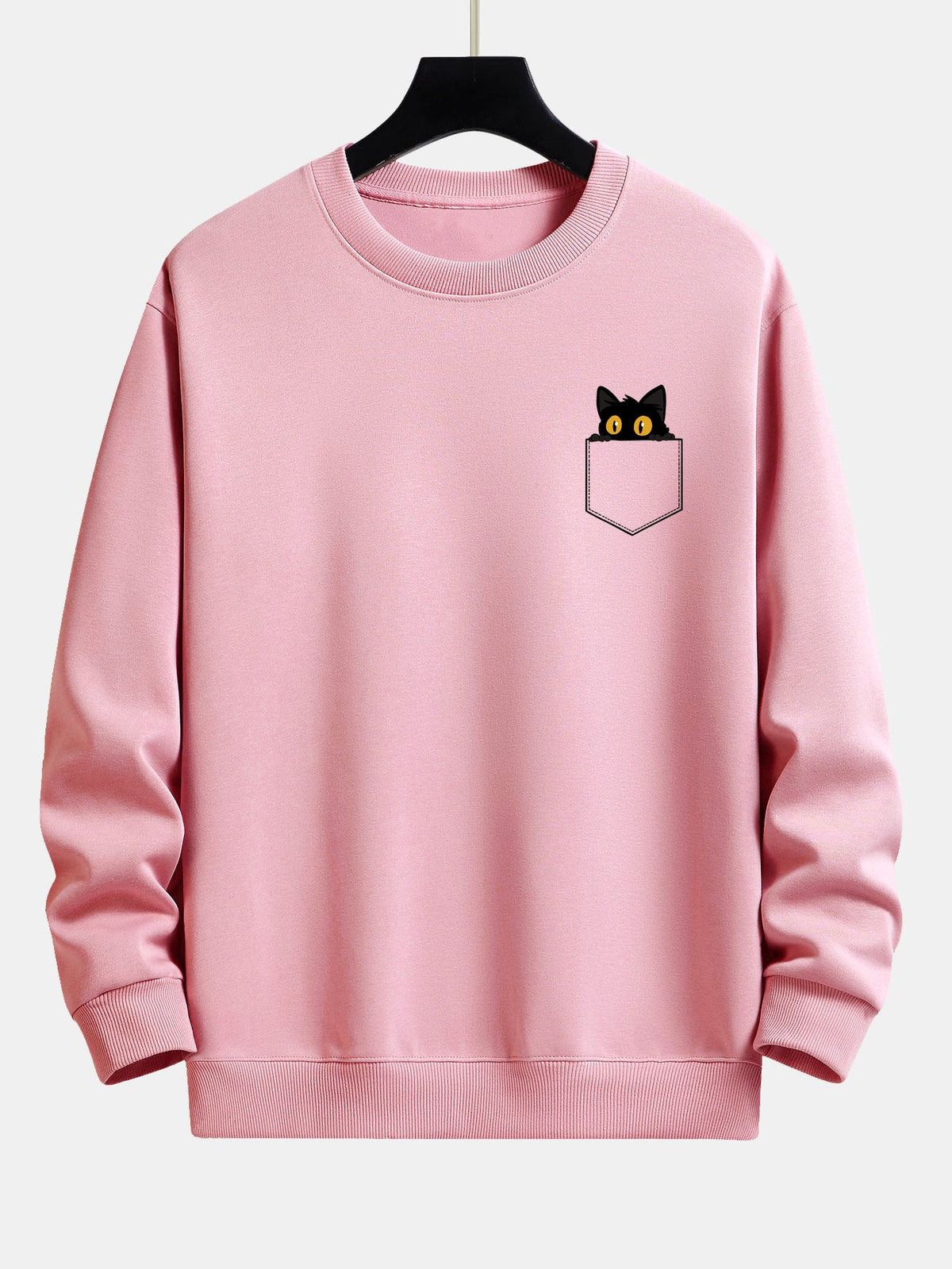 Schwarze Katze Druck Sweatshirt mit Tasche und Lässiger Passform