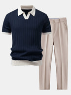 Kontrastbiesen Polo mit Johnny-Kragen & Slim Fit Tapered Hose