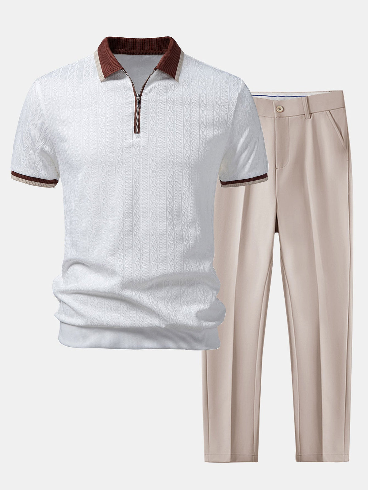 Kontrastierte Bies Textur Strick-Polo mit Reißverschluss & Slim Fit Tapered Hose