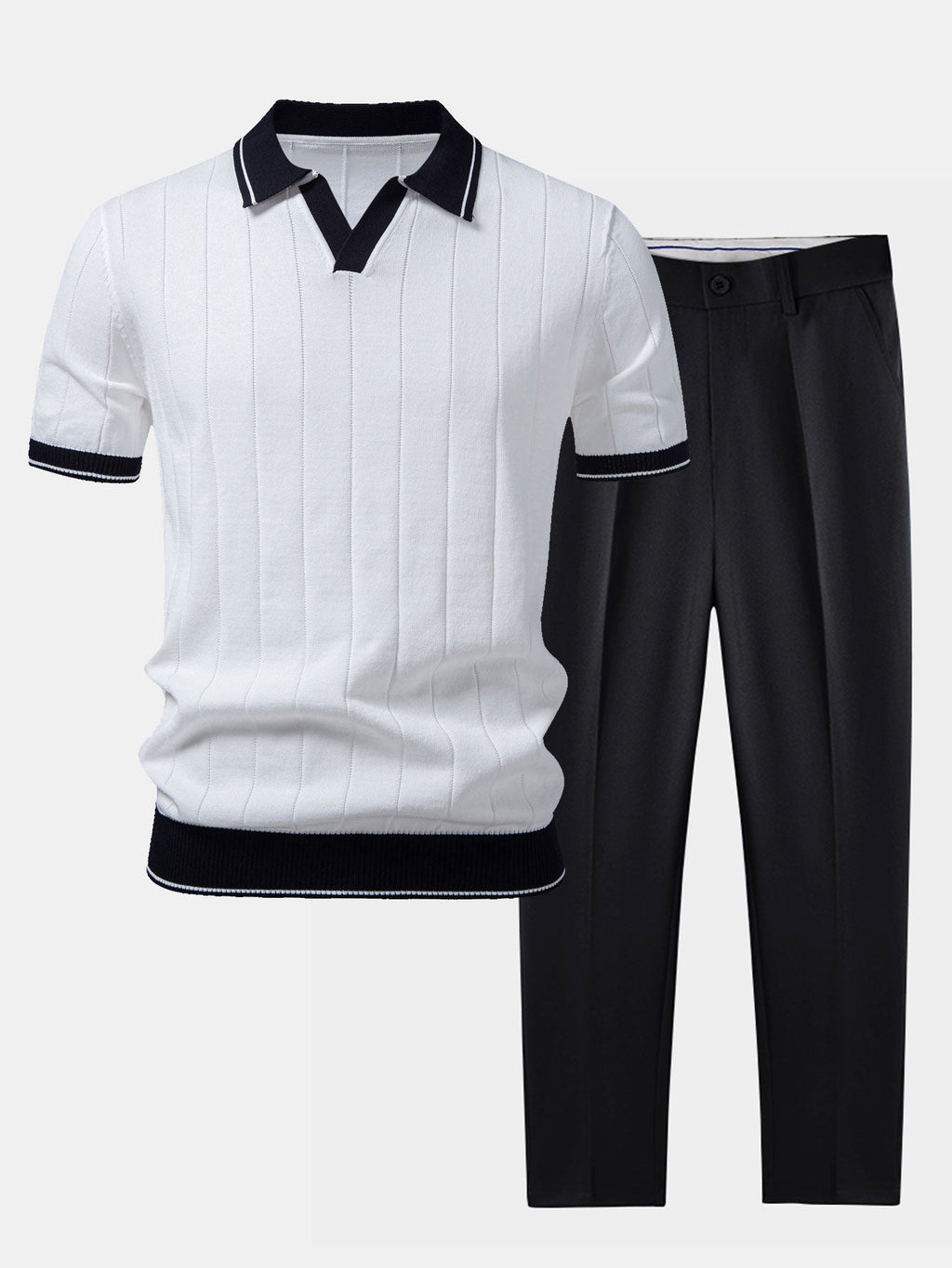 Rippstrick-Polo mit Johnny-Kragen und kontrastierenden Akzenten & figurbetonter tapered Hose