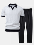 Rippstrick-Polo mit Johnny-Kragen und kontrastierenden Akzenten & figurbetonter tapered Hose