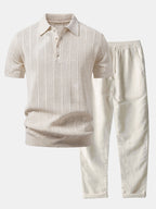 Gestreiftes Leinen-Polo mit offenem Strick und gerade geschnittene Leinenhose