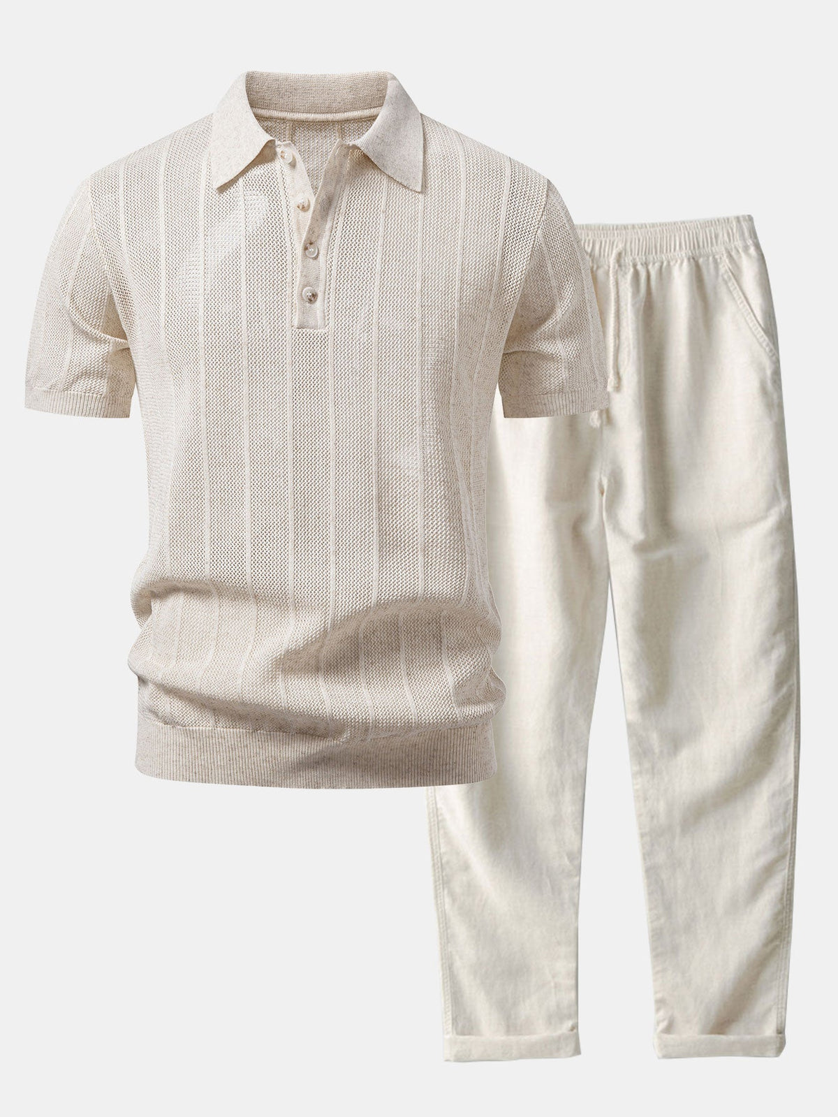 Gestreiftes Leinen-Polo mit offenem Strick und gerade geschnittene Leinenhose