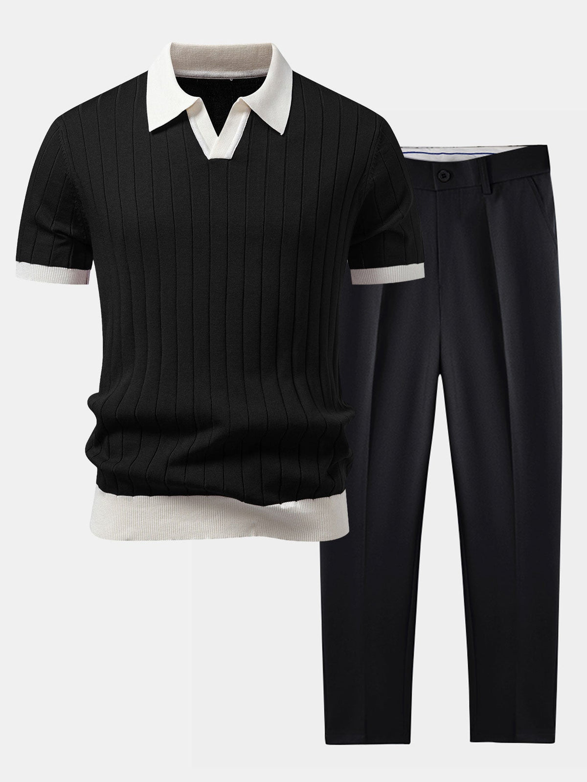 Kontrastbiesen Polo mit Johnny-Kragen & Slim Fit Tapered Hose