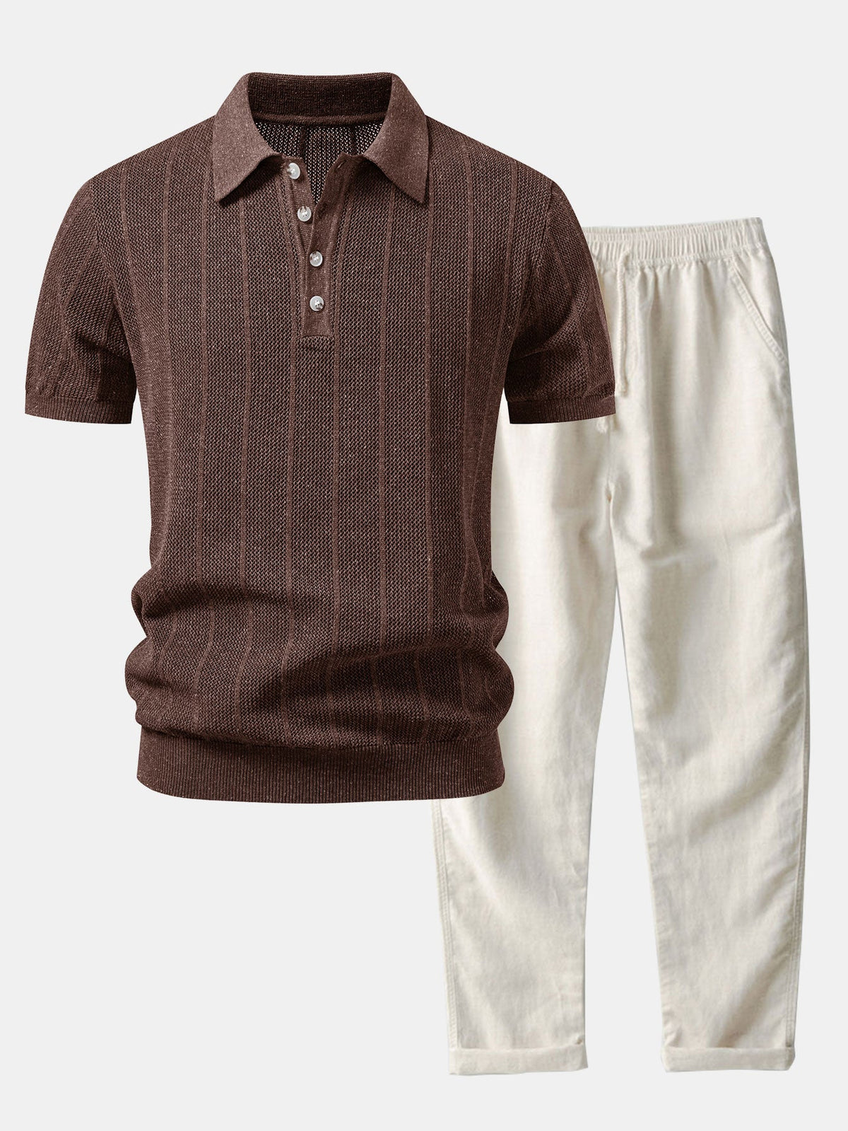 Gestreiftes Leinen-Polo mit offenem Strick und gerade geschnittene Leinenhose