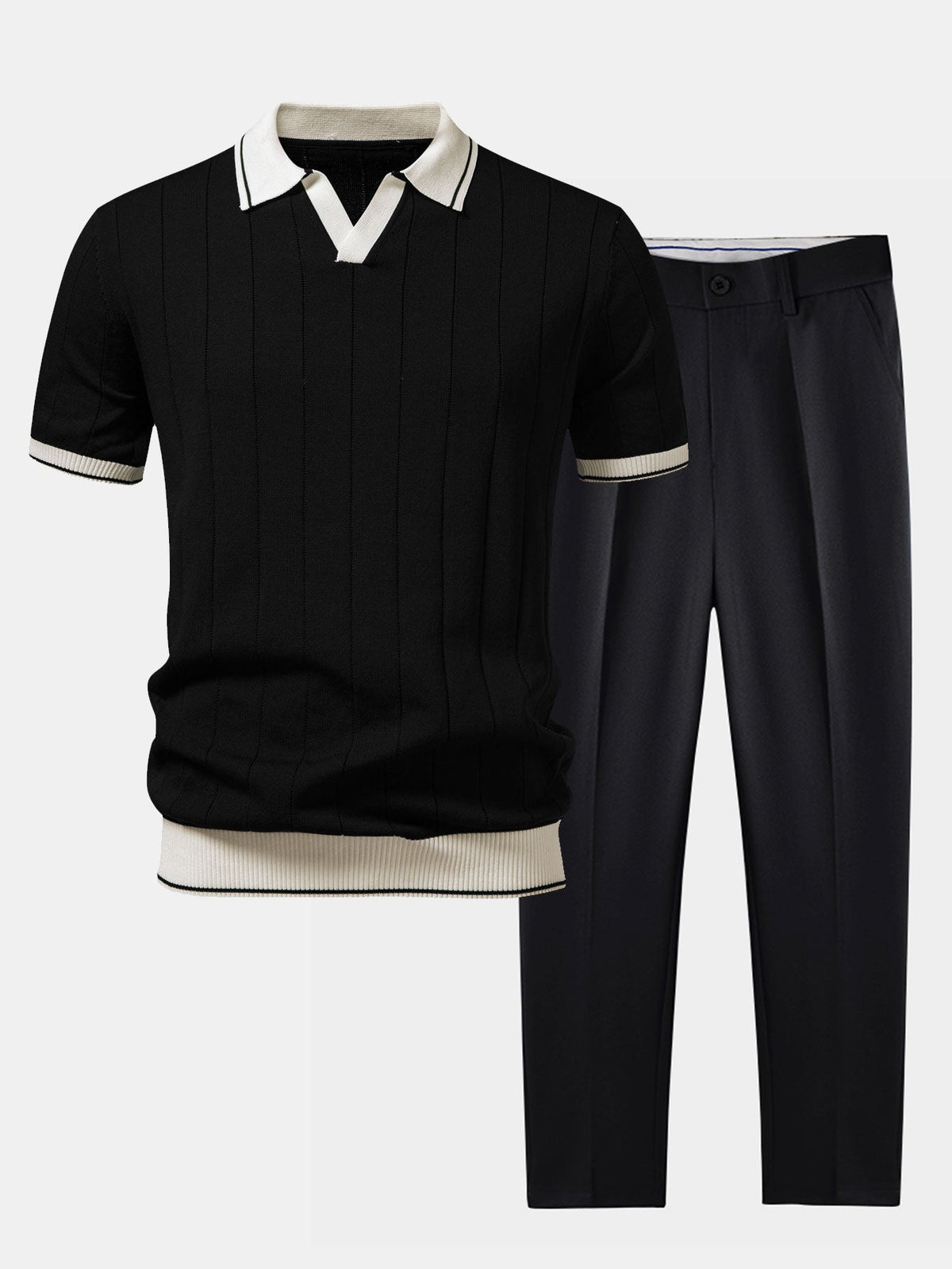 Rippstrick-Polo mit Johnny-Kragen und kontrastierenden Akzenten & figurbetonter tapered Hose