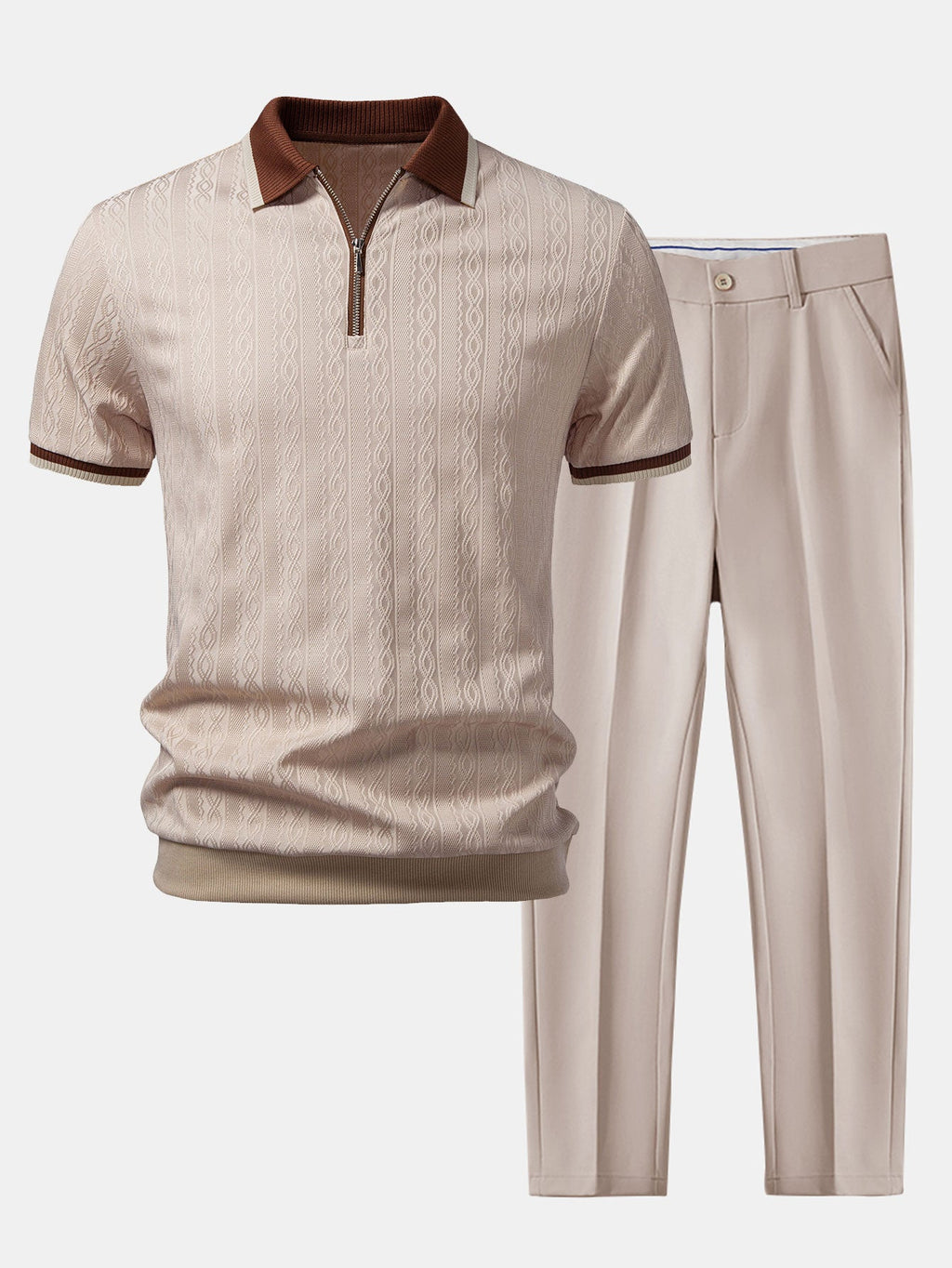 Kontrastierte Bies Textur Strick-Polo mit Reißverschluss & Slim Fit Tapered Hose