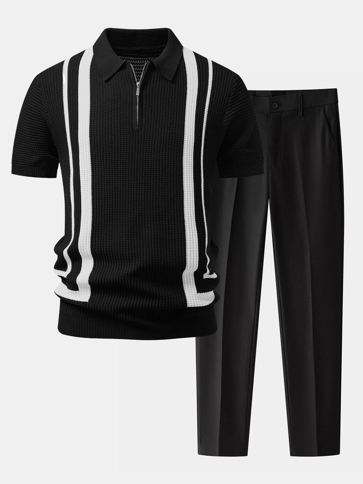 Kontrast Waffle Zip Knit Polo & Slim Fit Tapered Pants