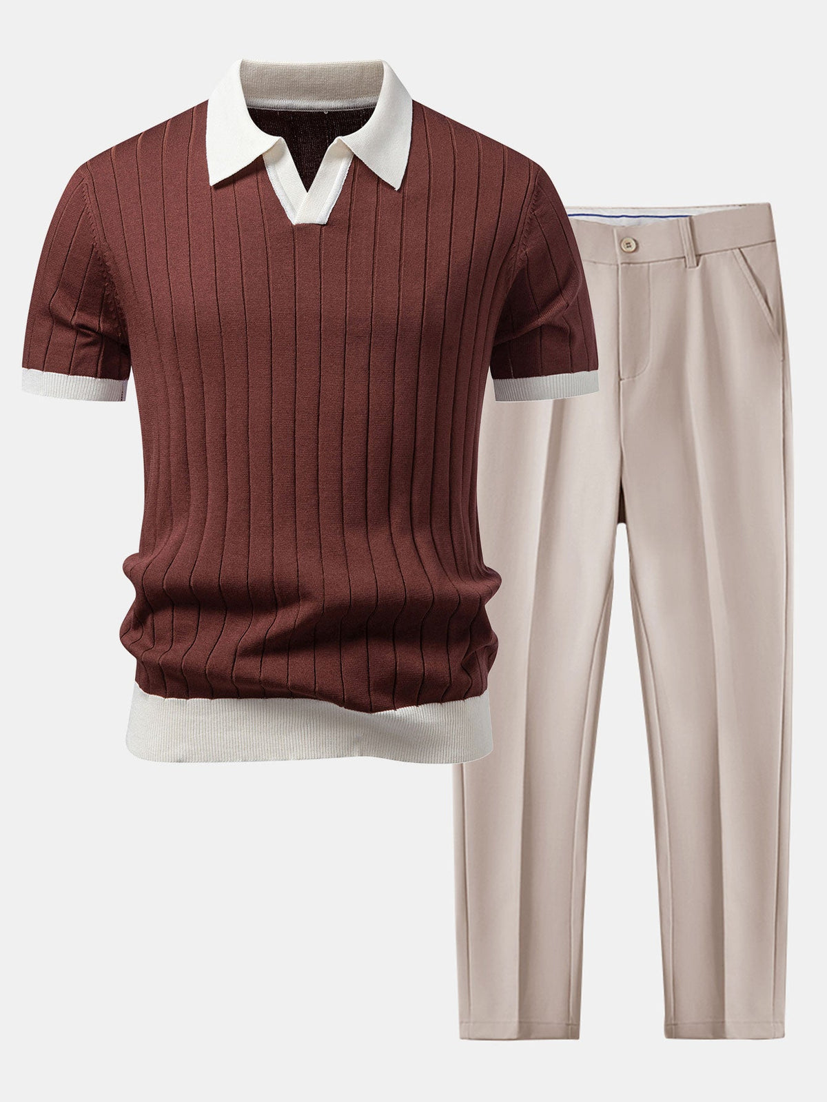 Kontrastbiesen Polo mit Johnny-Kragen & Slim Fit Tapered Hose